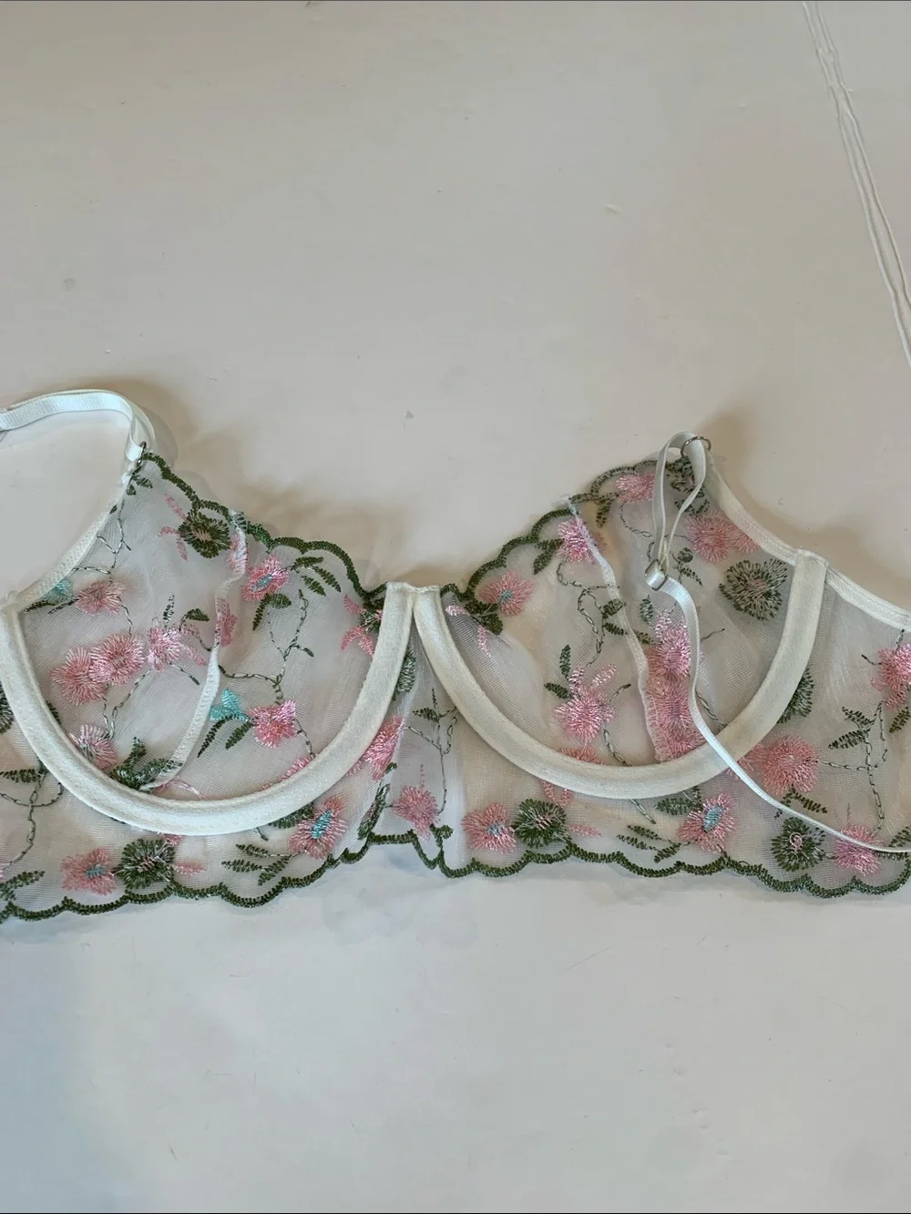 SHEIN Women’s Medium Pink & Green Floral Sheer Lace Underwire Bra Lingerie